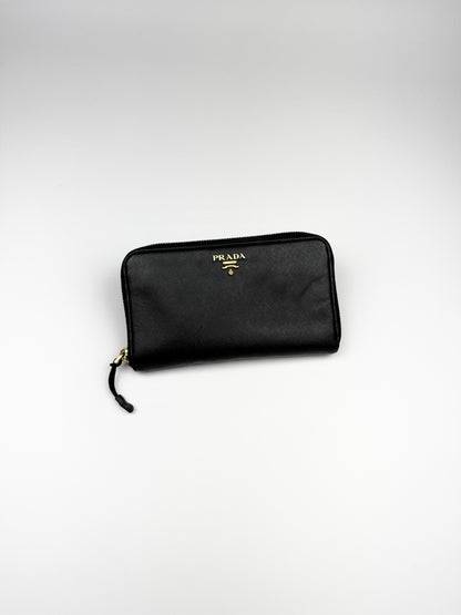 Prada Saffiano Leather Long Wallet Black Gold