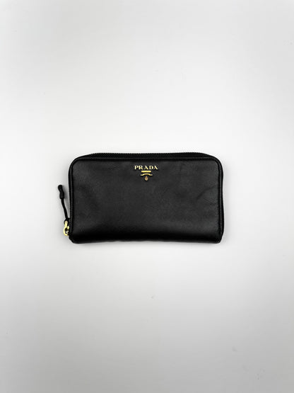 Prada Saffiano Leather Long Wallet Black Gold